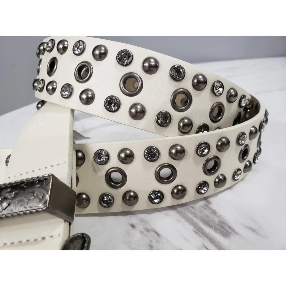NEW Madden Girl‎ Studded Leather White Belt Brown Cowgirl Western Rodeo Boho 38